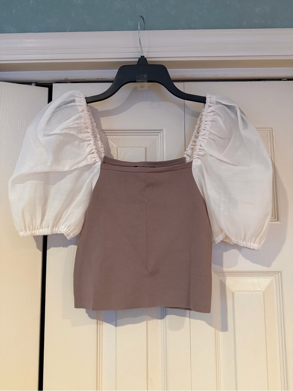 Two-Tone Puff Sleeve Top — Mauve Body with Cream Sleeves